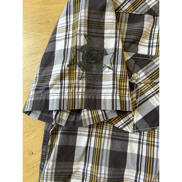 Y2K Guess Plaid Shirt Mens S Yellow Black Grunge Button Up Western Logo Preppy - Picture 5 of 12